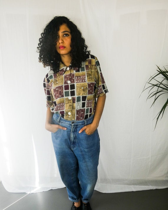 70s Vintage Blush Pink Art Patterned Shirt|| Vinta