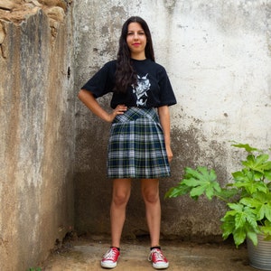 BUY THE LOOK Hello and Meow vintagepleated blue, green &grey plaid skirt with ablack short-sleeved cat print tshirt Small to Medium image 10