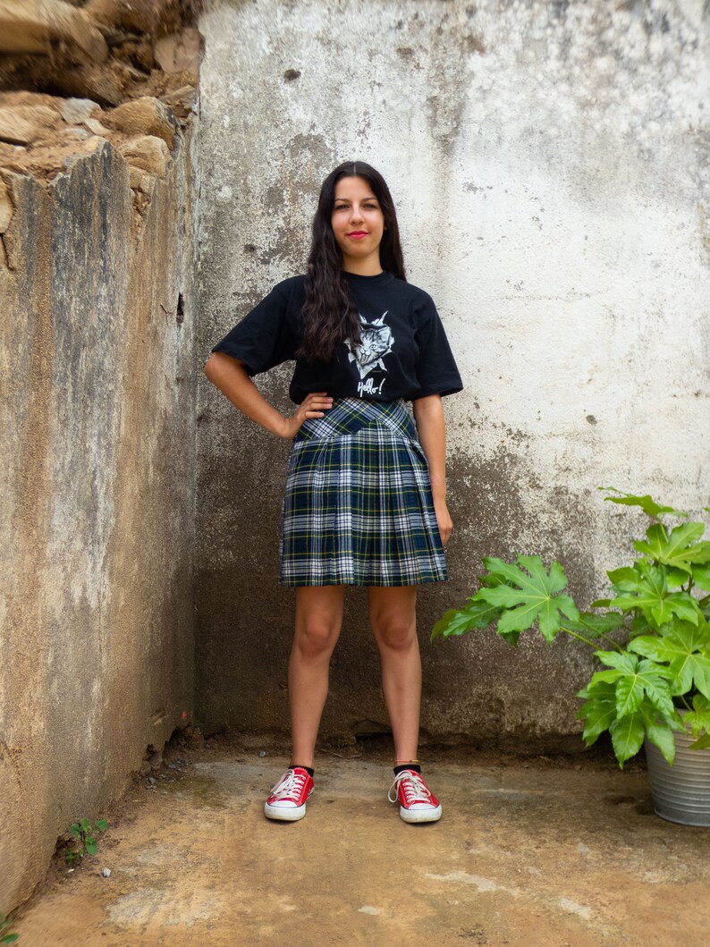 BUY THE LOOK Hello and Meow vintagepleated blue, green &grey plaid skirt with ablack short-sleeved cat print tshirt Small to Medium image 10