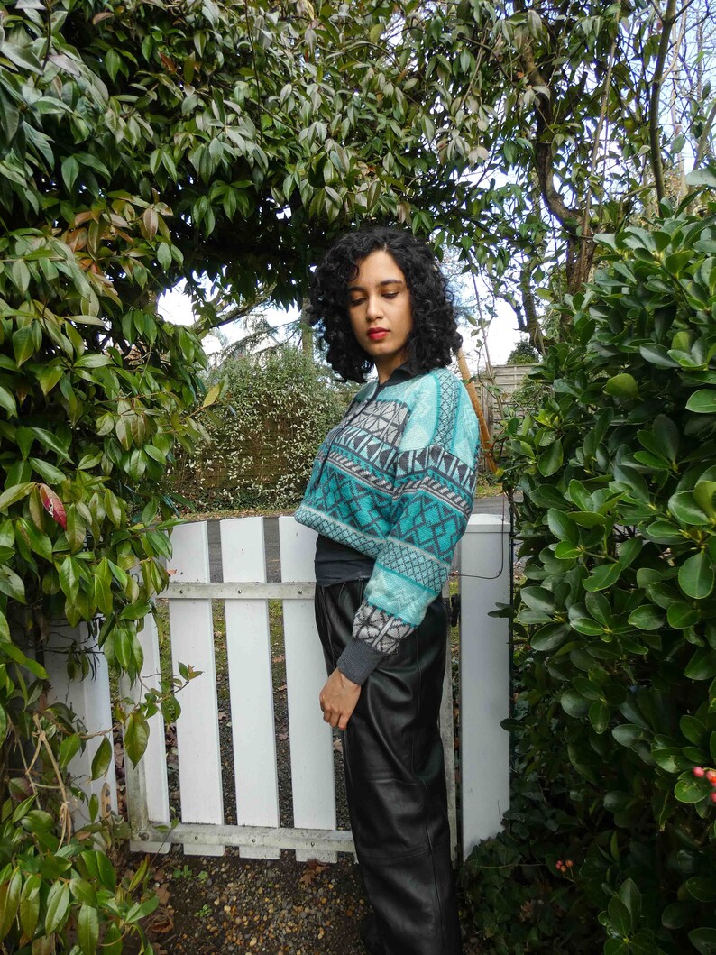 Vintage Teal Geometric Sweater Size M Pure Wool Sweater Vintage Sweater Cosy Women's Sweater // Winter Sweater image 1