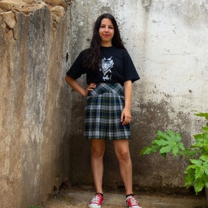 BUY THE LOOK Hello and Meow vintagepleated blue, green &grey plaid skirt with ablack short-sleeved cat print tshirt Small to Medium image 2