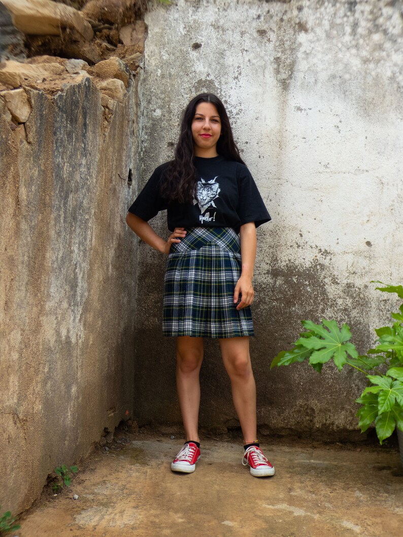 BUY THE LOOK Hello and Meow vintagepleated blue, green &grey plaid skirt with ablack short-sleeved cat print tshirt Small to Medium image 2