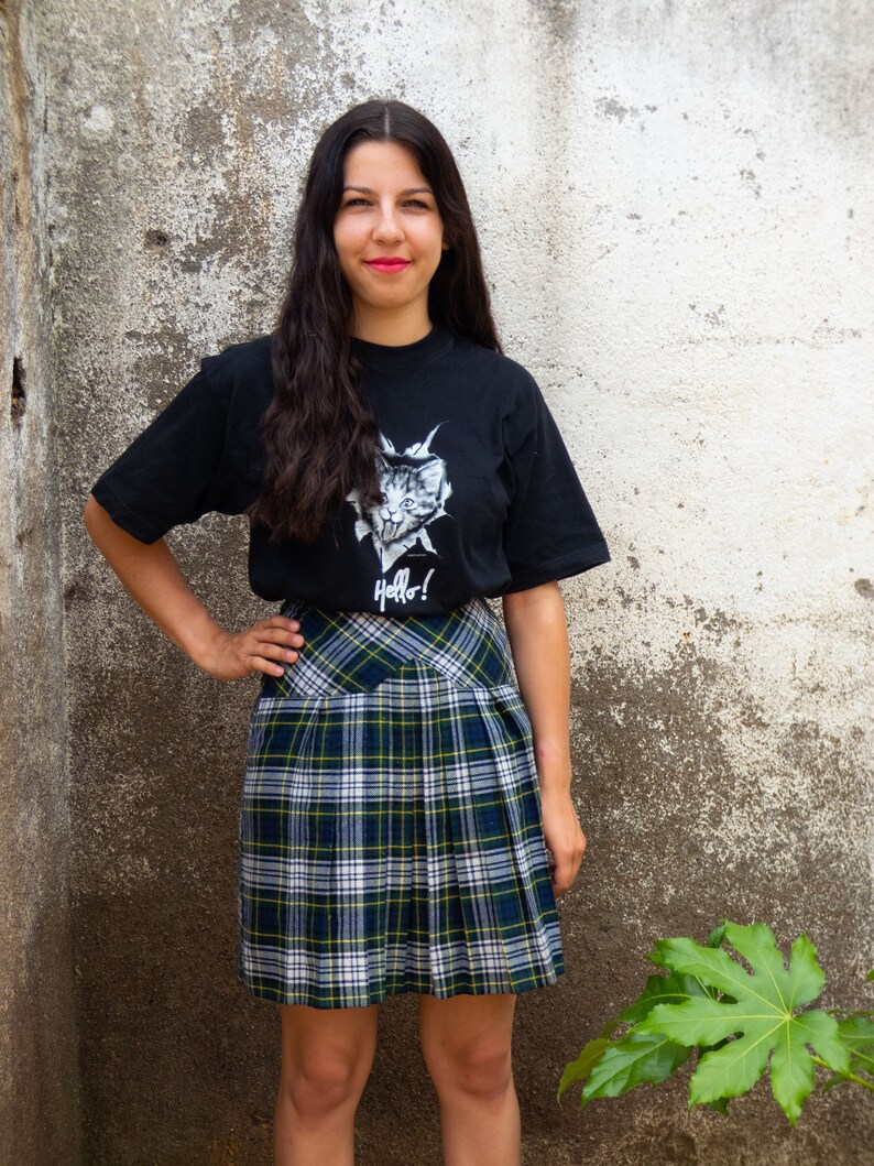 BUY THE LOOK Hello and Meow vintagepleated blue, green &grey plaid skirt with ablack short-sleeved cat print tshirt Small to Medium image 3