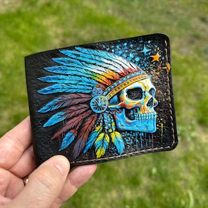 Indian Chief Skull-portemonnee, schedelportemonnee, Native American patriottische portemonnee, 3D-echte lederen gesneden biker portemonnee, portemonnee met reliëf