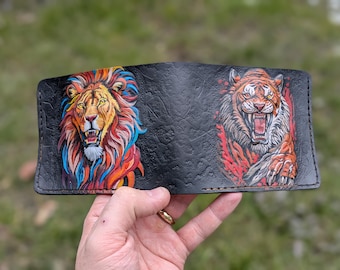 Cartera de tigre y león, cartera con animales, cartera de cuero genuino tallado en 3D hecha a mano, cartera con relieve, cartera hecha a mano, cartera de motociclista plegable