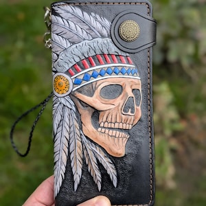 Indian Chief Skull Wallet, Native American Patriotic Card Holder, Apache, Headdress, Red Man, 3D Genuine Leather Carved Tooled Long Wallet