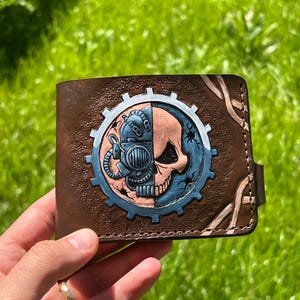 Cartera de calavera, calavera gótica, diseño de esqueleto, cartera de regalo para gamers, cartera de cuero tallado en 3D, cartera con relieve, cartera de motociclista plegable hecha a mano