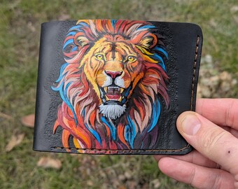 Cartera de león, cartera de animales, cartera de cuero genuino tallado en 3D hecha a mano, cartera en relieve, cartera hecha a mano, cartera plegable, cartera de motociclista