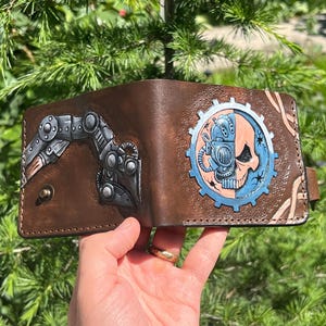 Cartera de calavera, calavera gótica, regalo para gamers, cartera gamer, cartera de cuero 3D tallado, cartera repujada, cartera de motociclista plegable hecha a mano