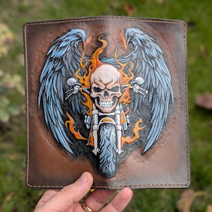 Schädel Bike Feuer Brieftasche, Schädel Brieftasche, Adler Brieftasche, Lange Biker Brieftasche, 3D Echtleder geschnitzte Brieftasche, Geprägte Brieftasche, Bifold Brieftasche