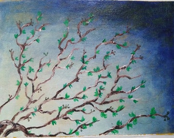 Almendro al amanecer azul marino rama y  hojas árbol botánico lámina Pintura acrílica minimalista abstracto, Ilustración decoración de pared