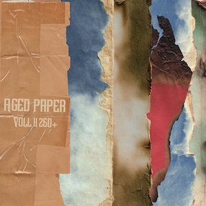 Puede incluir: Textura de papel envejecido con bordes rasgados en varios colores, incluyendo marrón, rojo, azul y verde. El texto "AGED PAPER VOL II 260+" es visible en el lado izquierdo. La imagen tiene una estética vintage y desgastada.