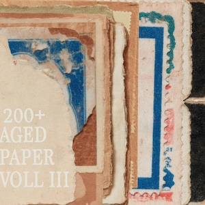 Peut inclure: Collection de papiers vieillis aux bords déchirés. L'image présente une pile de papiers vintage avec divers motifs, notamment des motifs bleus et blancs et des détails de timbres-poste. Le texte "200+ AGED PAPER VOLL III" est visible sur l'un des papiers.