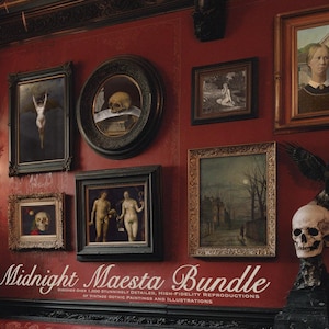 May include: A collection of framed vintage gothic paintings and illustrations adorns a deep red wall. The artwork includes portraits, landscapes, and images of skulls. The text "Midnight Maesta Bundle" is displayed at the bottom of the image.
