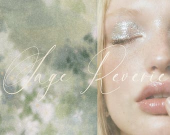 May include: A portrait featuring a face with silver glitter eyeshadow and glossy lips, positioned next to a textured green and white floral background. The script text Sage Reverie is overlaid across the centre of the image in white.