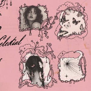 Puede incluir: Una colección de ilustraciones de líneas negras sobre fondo rosa con bordes celestiales y florales, retratos, mariposas, nubes y estrellas. El texto dice Whimsy Celestial Borders, svg, png en letra cursiva de color negro.