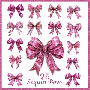 May include: A set of 25 pink sequin bows. The bows are all different sizes and shapes, and they are all decorated with sparkling sequins. 25 Sequin Bows.