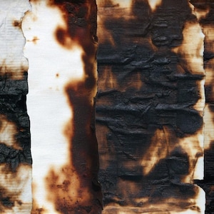 Puede incluir: Imagen de texturas de papel quemado premium. La imagen muestra una colección de texturas de papel de alta resolución con bordes carbonizados y diversos grados de quemado. La paleta de colores incluye tonos de negro, marrón y blanco, creando una apariencia envejecida. El texto "PREMIUM BURNT PAPER TEXTURES" está en la parte superior.