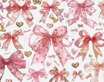 20 złotych cekinowych różowych wstążek, kokardki kokietki Clipart, PNG, koronka z brokatem, tekstury diamentów, Canva Design Scrapbooking Collage Elements Diy Kit