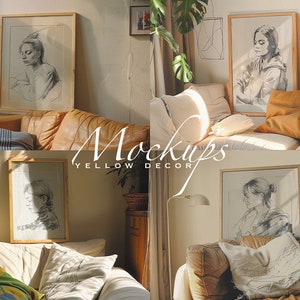 May include: Four framed black and white drawings of a person's face are displayed in a living room setting. The drawings are in wooden frames and are hung on a white wall. The living room features a brown leather couch with white and brown pillows.