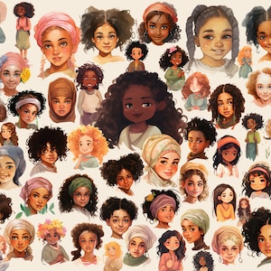 70 imágenes prediseñadas de niñas diversas, ilustraciones, africanas, árabes, musulmanas, cristianas, blancas, marrones, indias, gitanas, lindas, imprimibles, uso comercial