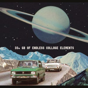 May include: A collage of images featuring a planet with rings, mountains, and two vintage cars driving on a road. The text "33+ GB of Endless Collage Elements" is displayed in the center of the image.