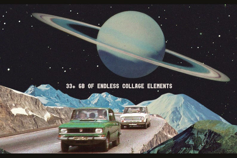 May include: A collage of images featuring a planet with rings, mountains, and two vintage cars driving on a road. The text "33+ GB of Endless Collage Elements" is displayed in the center of the image.