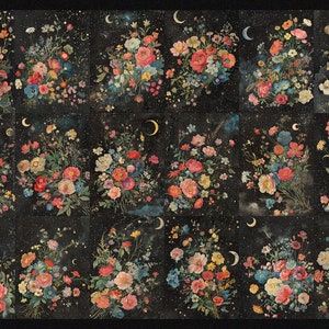 K&ouml;nnte beinhalten: Eine digitale Collage aus 12 Blumenstr&auml;u&szlig;en vor einem dunklen Hintergrund mit einem Sternenhimmel. Jeder Strau&szlig; zeigt eine Vielzahl von bunten Blumen und einen Halbmond.