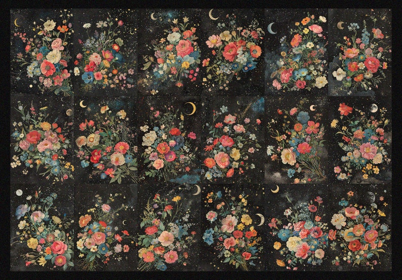 K&ouml;nnte beinhalten: Eine digitale Collage aus 12 Blumenstr&auml;u&szlig;en vor einem dunklen Hintergrund mit einem Sternenhimmel. Jeder Strau&szlig; zeigt eine Vielzahl von bunten Blumen und einen Halbmond.