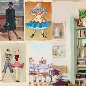 May include: A collage of watercolor paintings featuring various scenes and figures. The top left image shows a woman in a grey dress and black shoes. The top middle image shows a woman in a green plaid dress and black shoes. The top right image shows a woman in a blue and white dress with a white apron. The bottom left image shows a woman in a colorful traditional dress. The bottom middle image shows two people in a striped shirt and a red skirt. The bottom right image shows a building with a balcony and a flower pot.