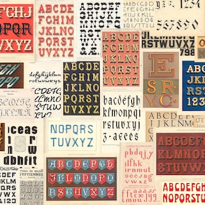 May include: A collage of vintage typography samples featuring various fonts and styles. The image showcases uppercase and lowercase letters in different sizes, colors, and designs, including serif, sans-serif, and decorative fonts.