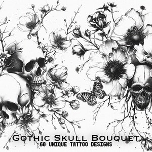 60+ Gothic Skull Bouquet, Tattoos, Transparent, Trendy, Unique, Dark, Gothic, Tattoo, stencil, Roses, Peony, Realistic, Line Art
