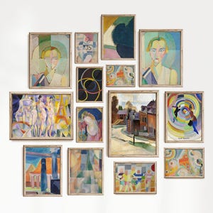 May include: A gallery wall of 11 framed abstract paintings in various colors and styles. The paintings feature geometric shapes, figures, and landscapes.