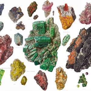Más de 60 litografías de minerales antiguos de Claus Caspari, geología antigua, piedras preciosas, ilustraciones, cristal antiguo, mejorado digitalmente, descarga digital