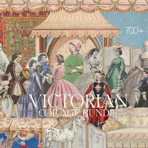 Può includere: Un collage con illustrazioni dell'epoca vittoriana, con figure in abiti d'epoca. L'immagine include il testo "Victorian Collage Bundle" e "700+". La tavolozza dei colori comprende rosa, verde, blu e crema.