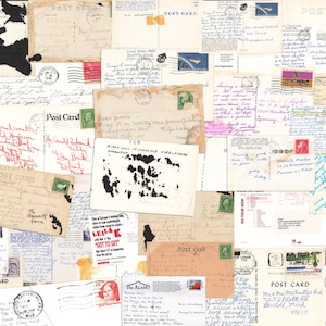 May include: A collage of vintage postcards, featuring handwritten messages, stamps, and postmarks. The cards vary in color, with some showing age and wear. Some cards have black ink blotches. The words "POST CARD" are visible on several cards.