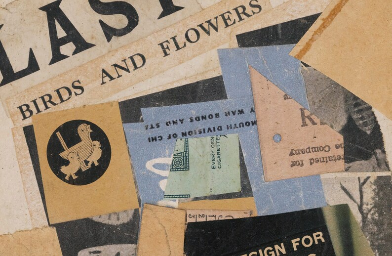 K&ouml;nnte beinhalten: Eine Collage aus alten Papierschnipseln mit Texten wie "Birds and Flowers", "Mouth Division of Chi", "Every Gen Cigarette" und "War Bonds and Sta".