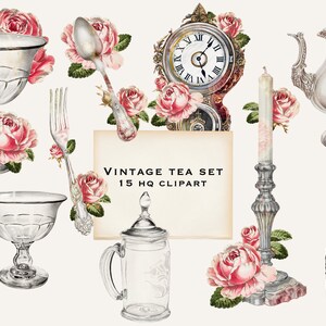 May include: Vintage tea set clipart featuring a silver teapot, a silver candlestick, a silver fork, a silver spoon, a clock, a glass decanter, a glass pitcher, a glass mug, and a glass bowl. The clipart also includes pink roses.