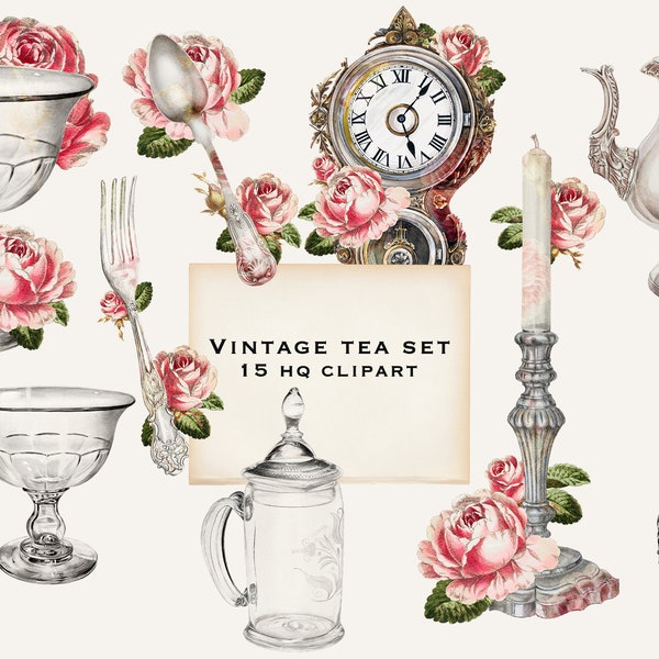 Vintage Tea Set Illustrations Clipart Peter Connin. V.L. Vance. John Dana. Wall Clock. Glass. Vase. Printable Journaling. Junk Journal