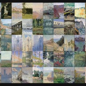 May include: A collage of 36 paintings by Claude Monet, featuring various landscapes, including water scenes, bridges, and trees. The paintings are in a variety of colors, including blue, green, yellow, and white.