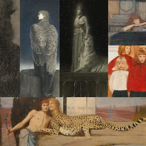Mais de 20 pinturas raras de Fernand Khnopff, Des Caresses, desenhos femininos escuros, arte de parede para impressão, pôsteres góticos, download digital de belas artes de museu