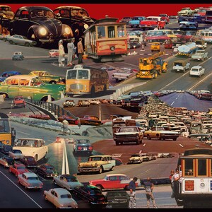 May include: A collage of vintage cars and buses in a variety of colors, including red, blue, green, yellow, and white. The cars are arranged in a chaotic pattern, creating a sense of movement and energy. Some of the cars are old-fashioned, while others are more modern. The collage is a celebration of the history of the automobile.
