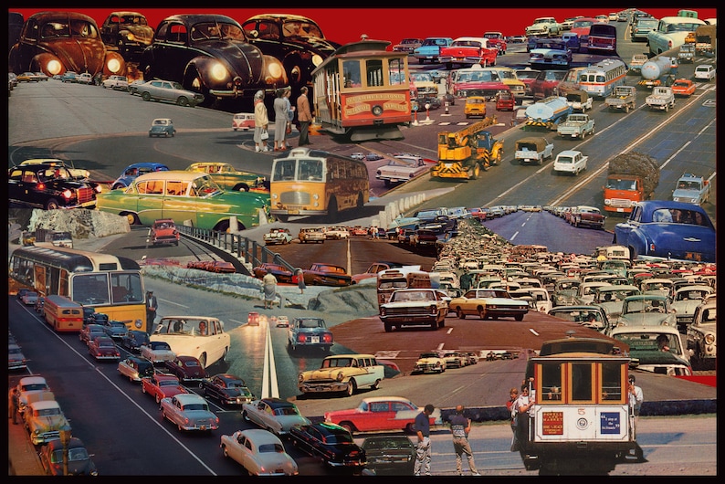 May include: A collage of vintage cars and buses in a variety of colors, including red, blue, green, yellow, and white. The cars are arranged in a chaotic pattern, creating a sense of movement and energy. Some of the cars are old-fashioned, while others are more modern. The collage is a celebration of the history of the automobile.