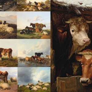 May include: A collage of nine paintings depicting various farm animals, including cows, sheep, and a bird. The paintings are set in different landscapes, including fields, barns, and a snowy scene.