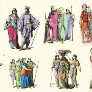 Ancient Traditional Costumes. Assyrian, Mesopotamian, Persian Empire, Historical Clothing, Fine Art Portrait, Theology, Egyptian King Queen