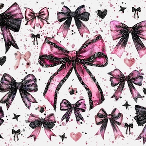 May include: A digital illustration of pink and black bows with glitter accents on a white background with black and pink splatters.