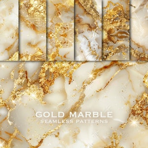 May include: A seamless pattern featuring a white marble background with gold glitter accents. The text "GOLD MARBLE SEAMLESS PATTERNS" is displayed at the bottom of the image.