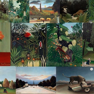 May include: A collage of 10 paintings by Henri Rousseau, featuring jungle scenes, animals, and landscapes. The paintings are in a variety of styles, from realistic to abstract. The colors are vibrant and the brushstrokes are bold.
