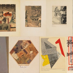 K&ouml;nnte beinhalten: Eine Sammlung von 10 Collage-Kunstwerken, einige mit Text, einige mit geometrischen Formen und einige mit Bildern von Menschen und Orten. Die Kunstwerke werden auf einem wei&szlig;en Hintergrund pr&auml;sentiert.