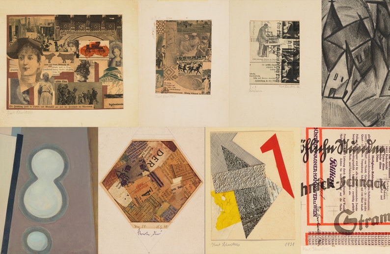 K&ouml;nnte beinhalten: Eine Sammlung von 10 Collage-Kunstwerken, einige mit Text, einige mit geometrischen Formen und einige mit Bildern von Menschen und Orten. Die Kunstwerke werden auf einem wei&szlig;en Hintergrund pr&auml;sentiert.